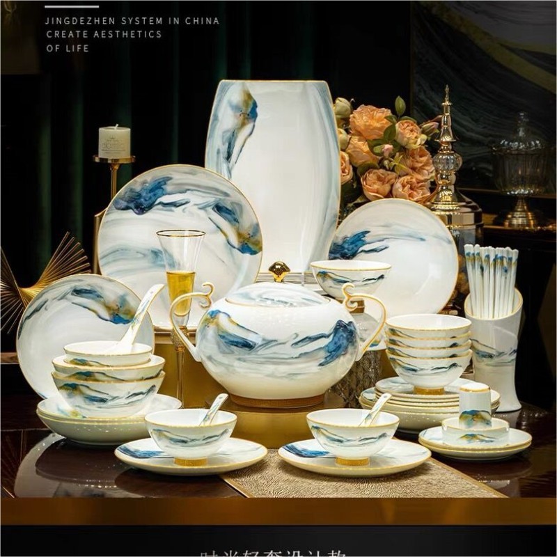 景德镇高颜值骨瓷餐具新中式碗筷盘组合高档送礼碗碟套装家用轻奢