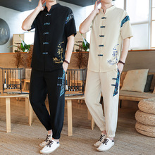 男士短袖t恤套装夏季薄款中国风开衫体恤中式复古唐装汉服两件套
