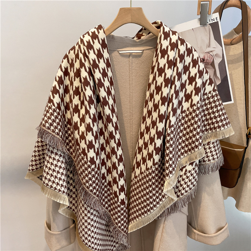 Houndstooth Scarf for Women Winter 2022 New Four-Side Scarf Artificial Cashmere Scarf Wholesale Factory Thickened Shawl Scarf