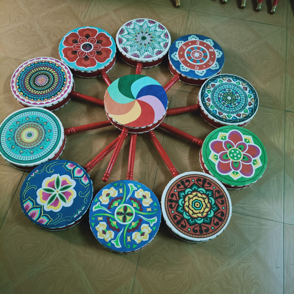 热巴鼓牛皮木质扇子手柄鼓女子鼓技成人儿童演出舞蹈专用道具