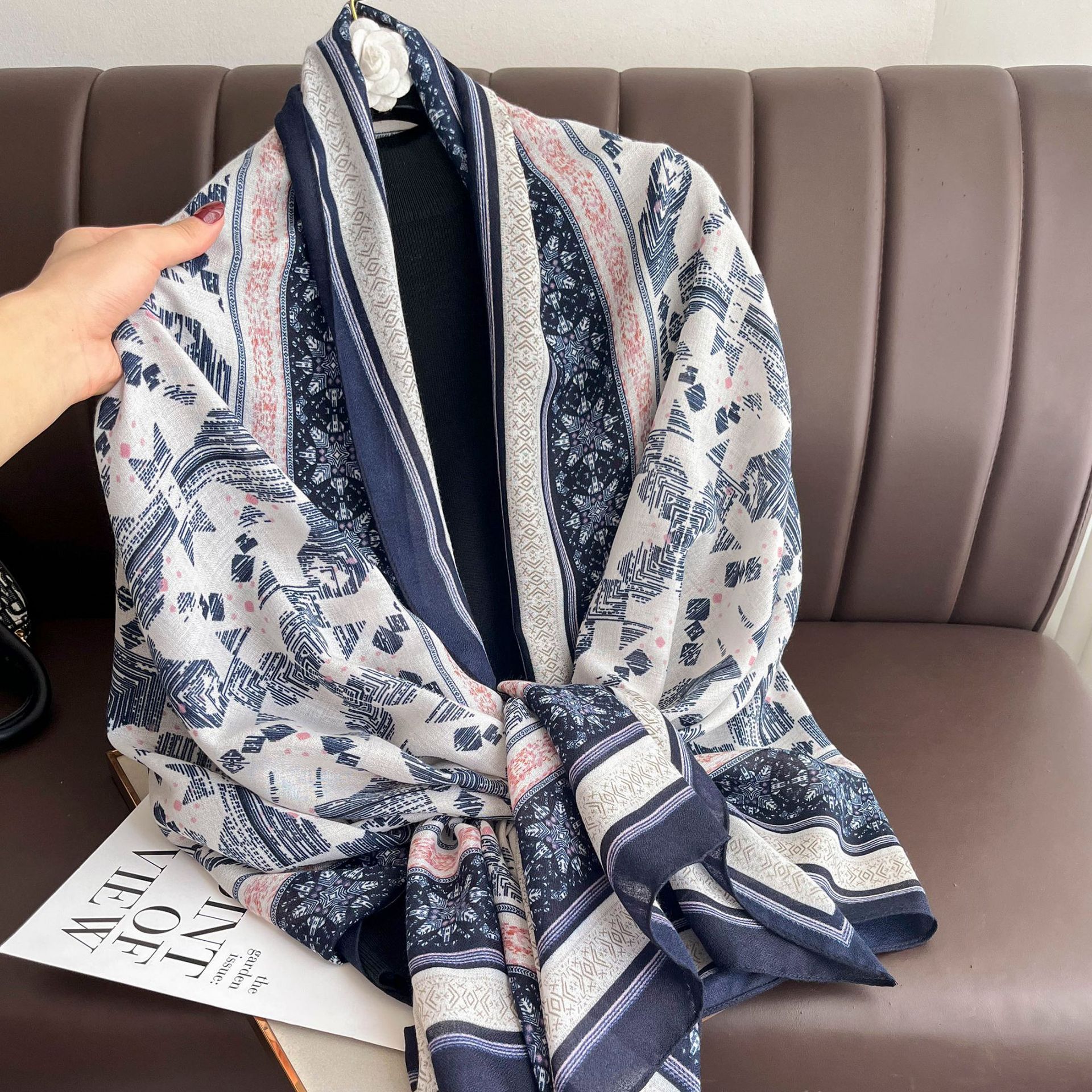 Silk Scarf Winter Thin Type Outer Shawl Geometric Spring and Autumn Scarf Snowflake Pattern Women's Silk Scarf Long Imitation Cotton and Linen Scarf