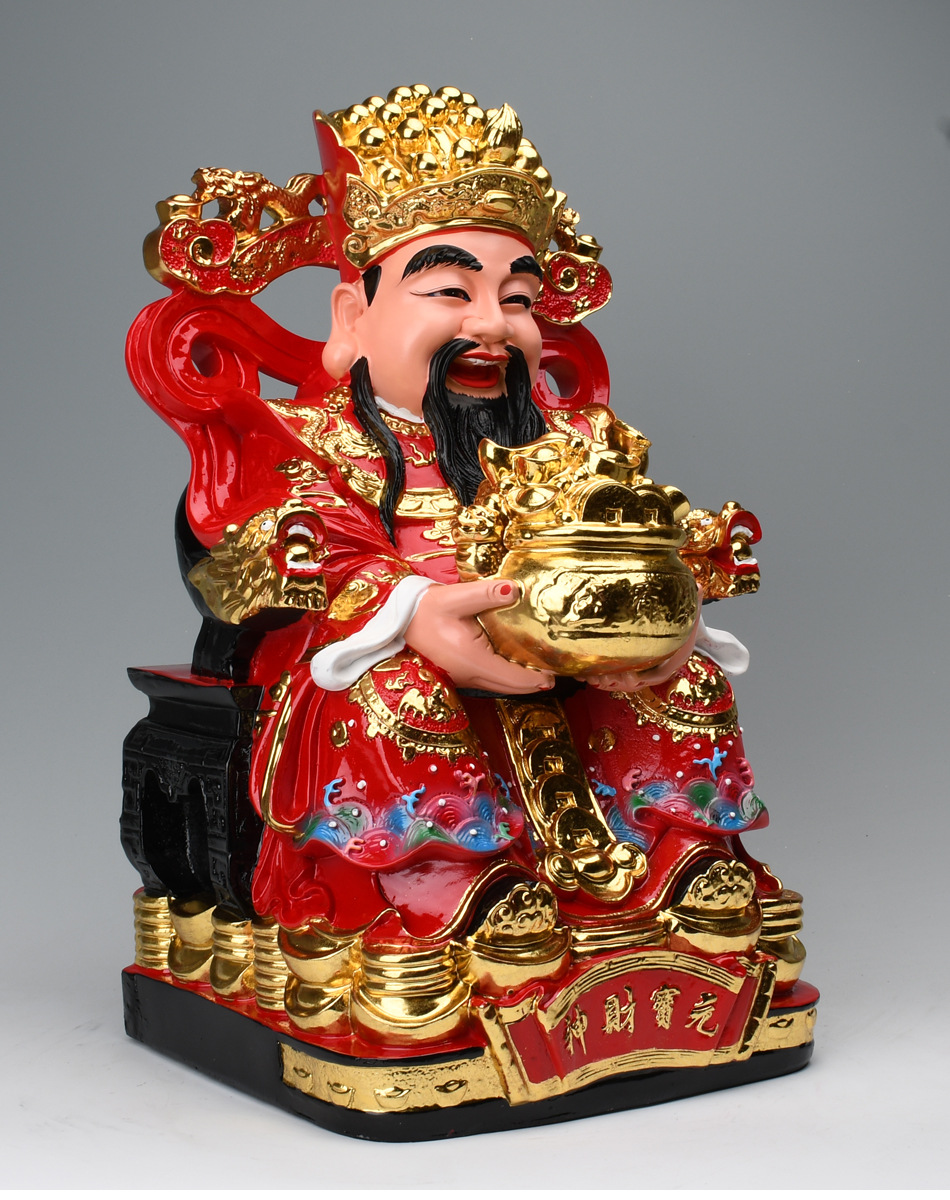红衣财神爷佛像聚宝盆款文财神神像家用16/19寸财神树脂像批发