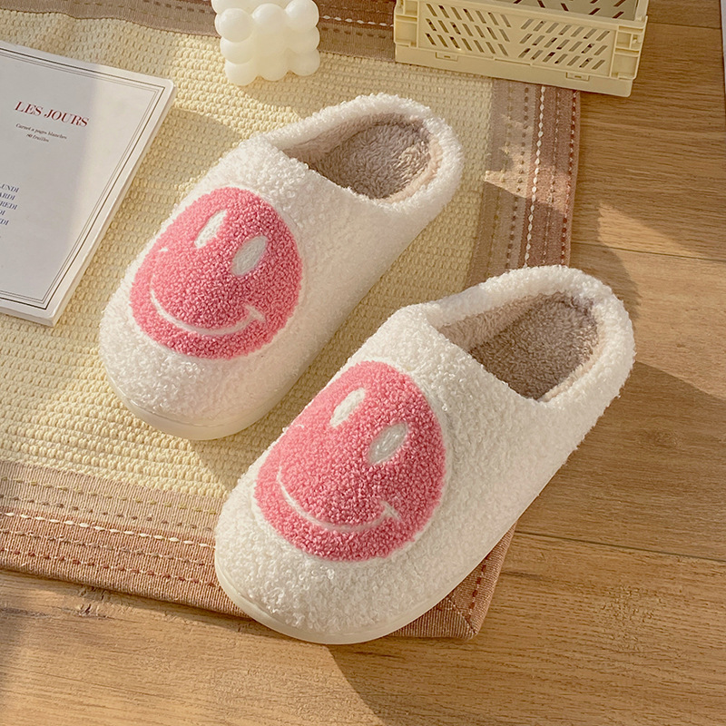 2021 New Cotton Slippers Women's Home Plush Warm Home Indoor Non-Slip Thick Bottom Smiley Face Fur Autumn and Winter