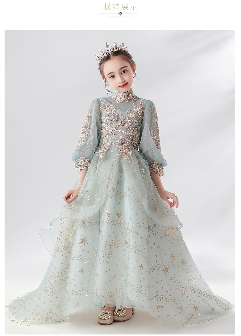 儿童晚礼服花童公主裙女童蓬蓬纱超长婚纱拖尾高端钢琴演出服走秀