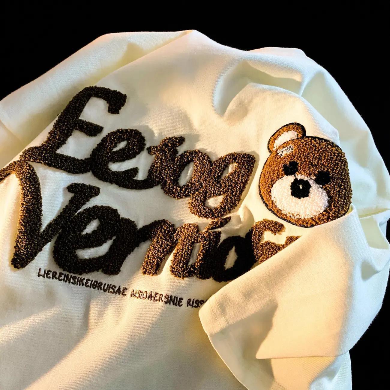 特大码斤小熊植绒刺绣短袖t恤情侣夏季新款甜美慵懒风男女半袖