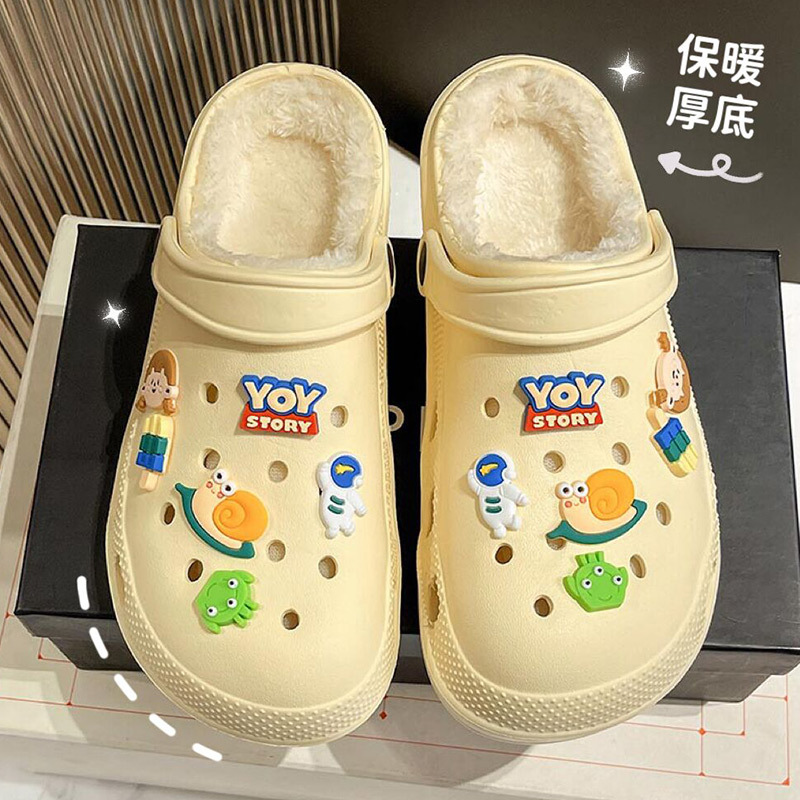 Fleece-lined Hole Shoes Cotton Slippers Women's Autumn and Winter Eva Thick Bottom Poop Feeling Warm Couples Cotton Shoes Confinement Shoes Wholesale