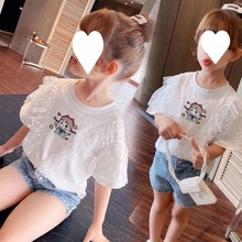 女童纯棉短袖2024夏季新款童装拼接网纱宽松可爱卡通女孩上衣T恤