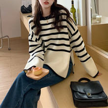 条纹宽松慵懒风针织衫女2025秋新款内穿外搭圆领套头毛衣女打底衫
