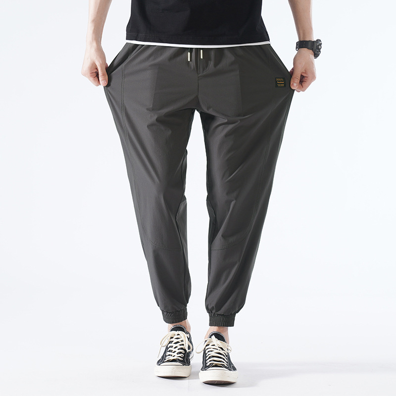 Fashion Brand Ice Silk Pants Boys Summer Quick-Drying Thin Loose Track Pants Teenagers Ankle Length Ankle-Tied Casual Pants Men
