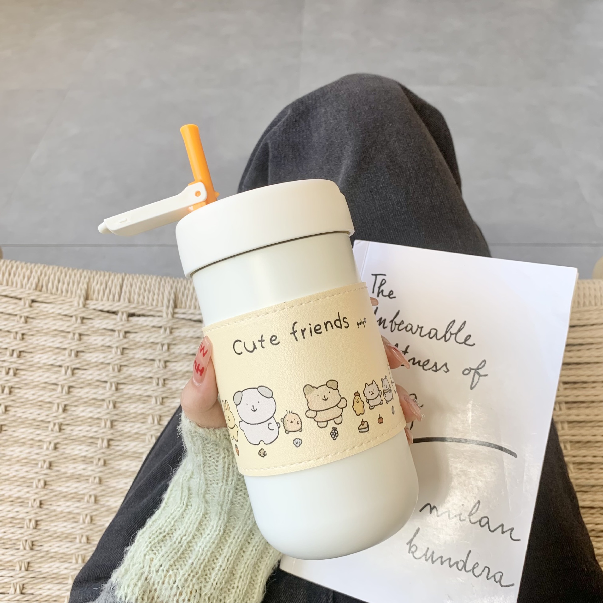 Cute Scented Tea Thermos Cup Straw Cup Stainless Steel Cup Leather Cover High-Grade Cup with Scented Tea Tea Compartment