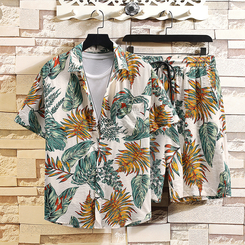 外贸时尚印花衬衫男2024夏男薄沙滩透气翻领花衬衫男运动衬衫套装