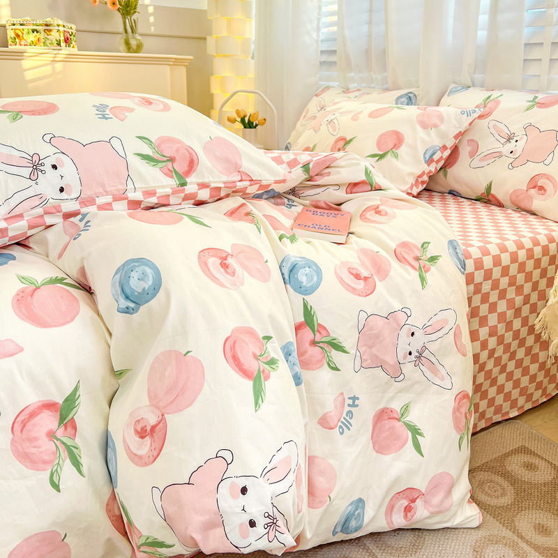 Cotton Four-Piece Set Cute Three-Piece 100% Cotton Set Bedding Children Girl Dormitory Bedding Bed Sheet Fitted Sheet Quilt Cover