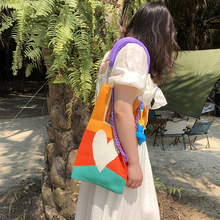 夏季新款撞色爱心包包 韩版日系针织链条包旅游度假便携单肩包女