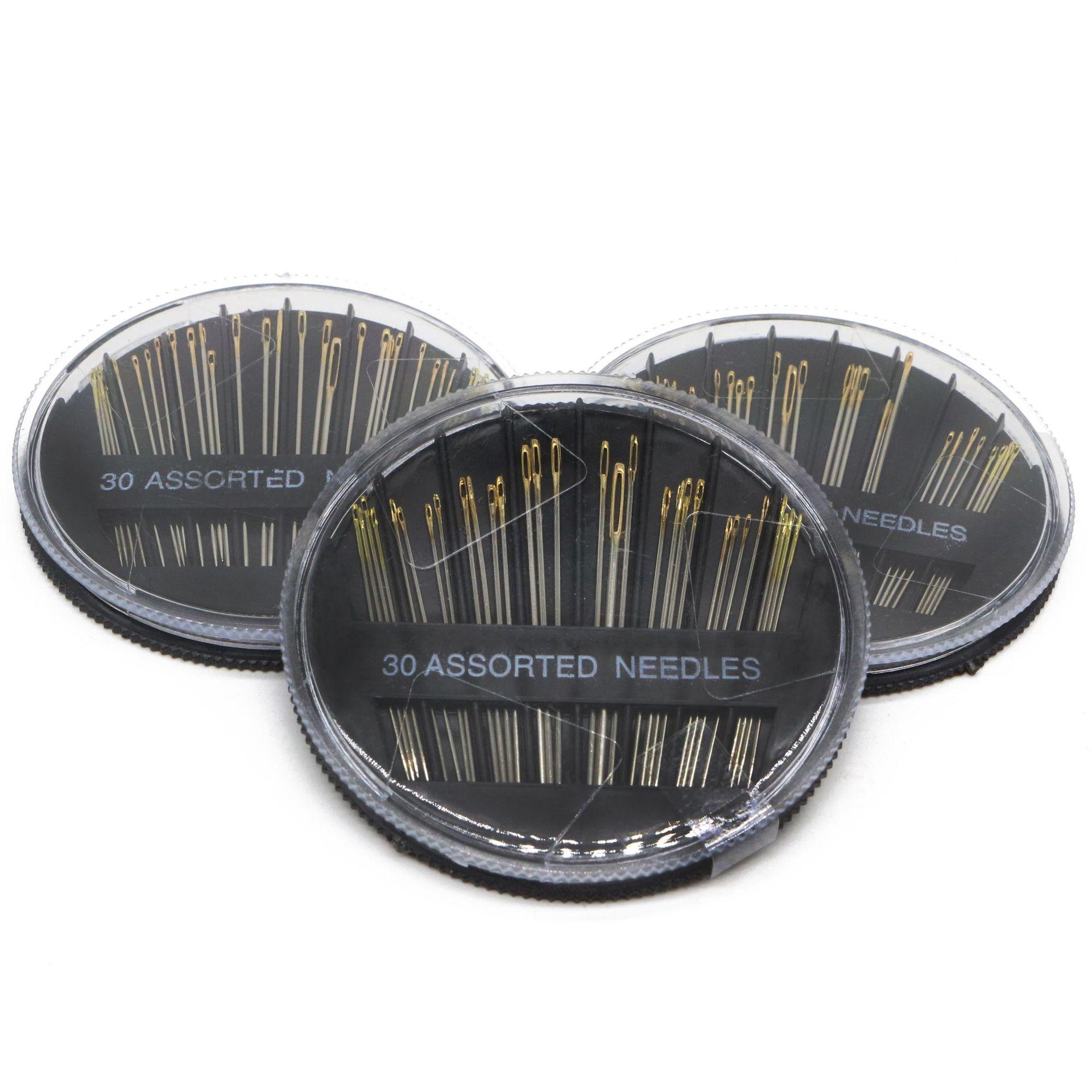 黑色圆形针盘手缝针30枚黑针盘缝纫针家用钢针大眼金尾手缝针批发