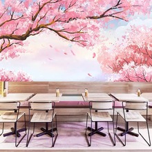 日式料理餐厅剧本推理店装饰壁画浪漫粉色樱花酒店民宿床头墙壁纸