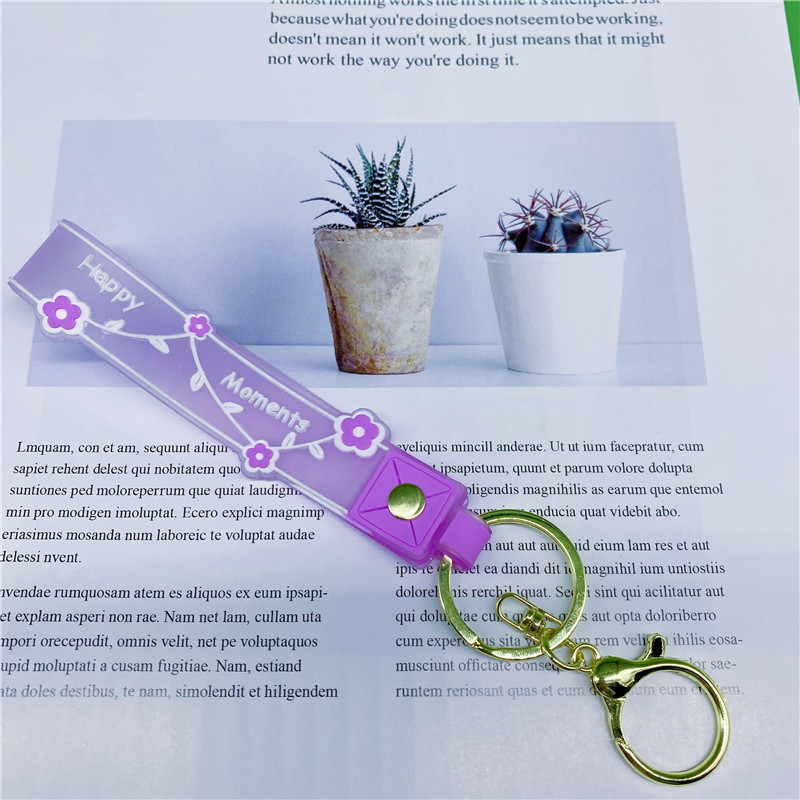 Pvc Soft Glue Transparent Candy Color Flower Happy Moments Keychain Lanyard Hand Rope Quicksand Bottle Small Pendant