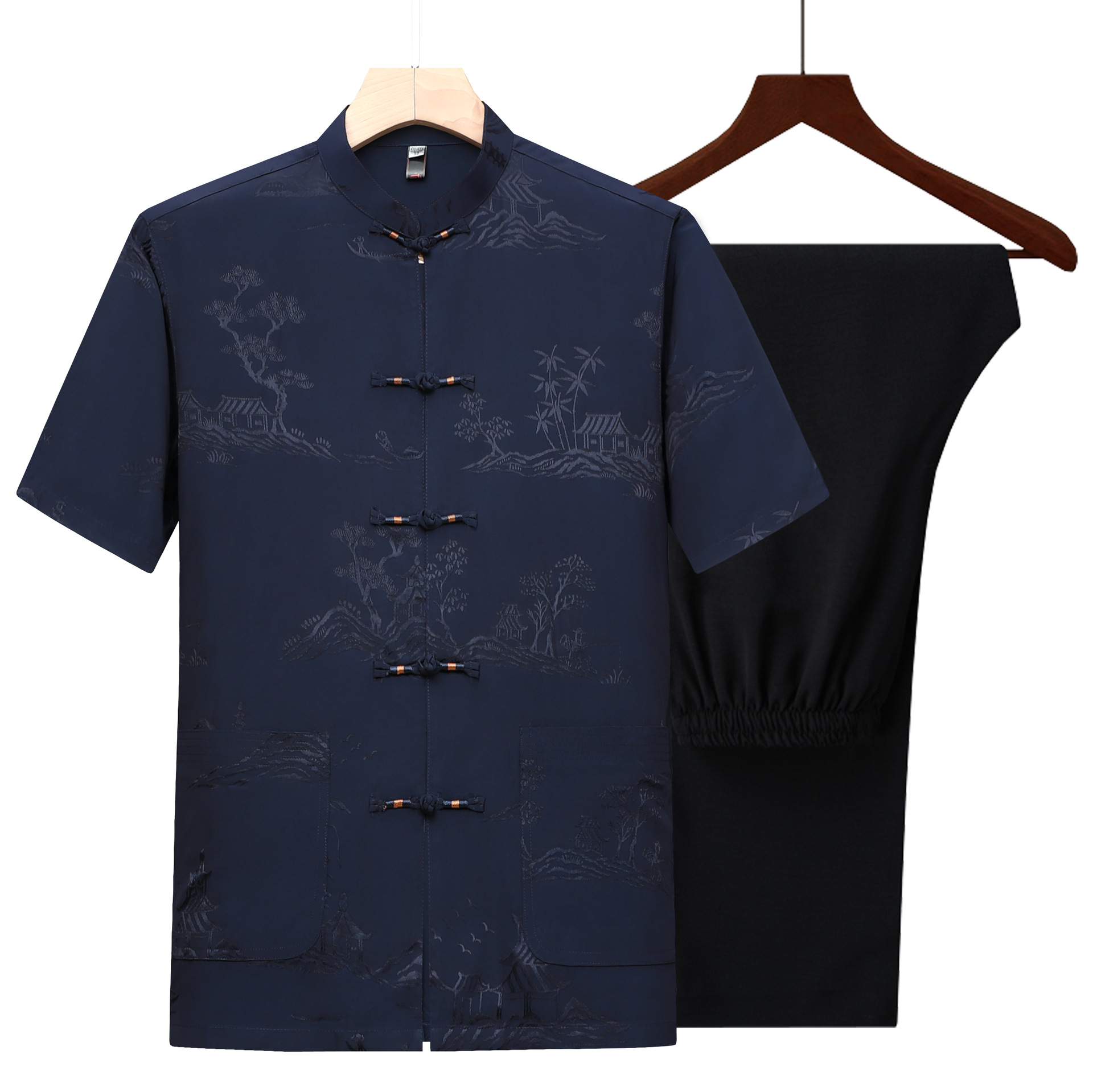 夏天中老年唐装男薄款天丝套装中国风爸爸短袖老人过寿生日爷爷装