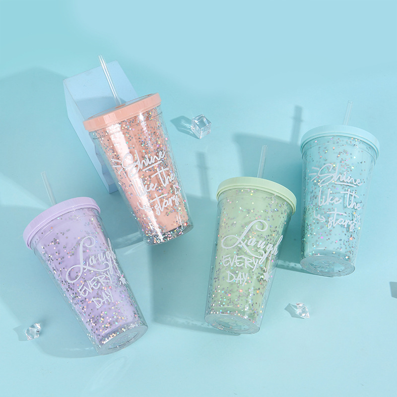 Internet Celebrity Star Sequins Creative Plastic Student Gift Cup Summer New Double-Layer Home Carrying Straw Ice Cup