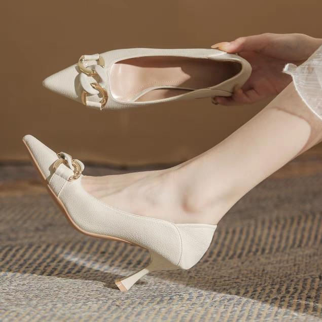 法式高跟鞋女2024春秋季新款百搭中细跟黑色工作鞋职业爆款单鞋女