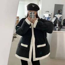 圆领风长袖羽绒服女中长款2023年冬季韩版黑白撞色白鸭绒外套