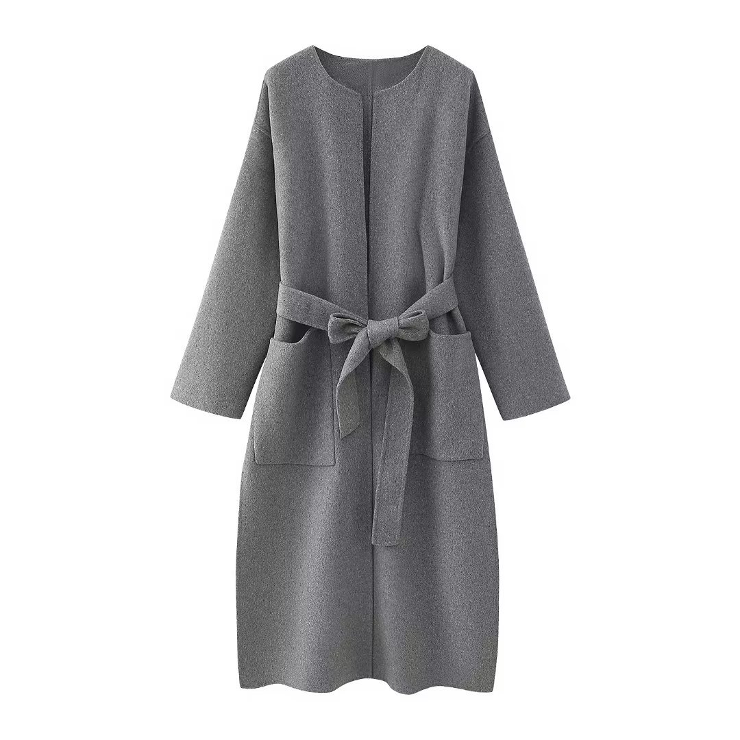 批发2023秋新品欧美风女装灰色毛呢混纺双面大衣外套-阿里巴巴