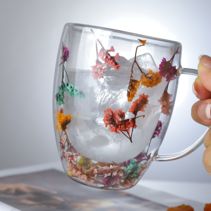 Real Flower Double Layer Glass Cup Good-looking Creative Household Coffee Cup Dried Flower Cyber Celebrity Style Quicksand Glass with Handle