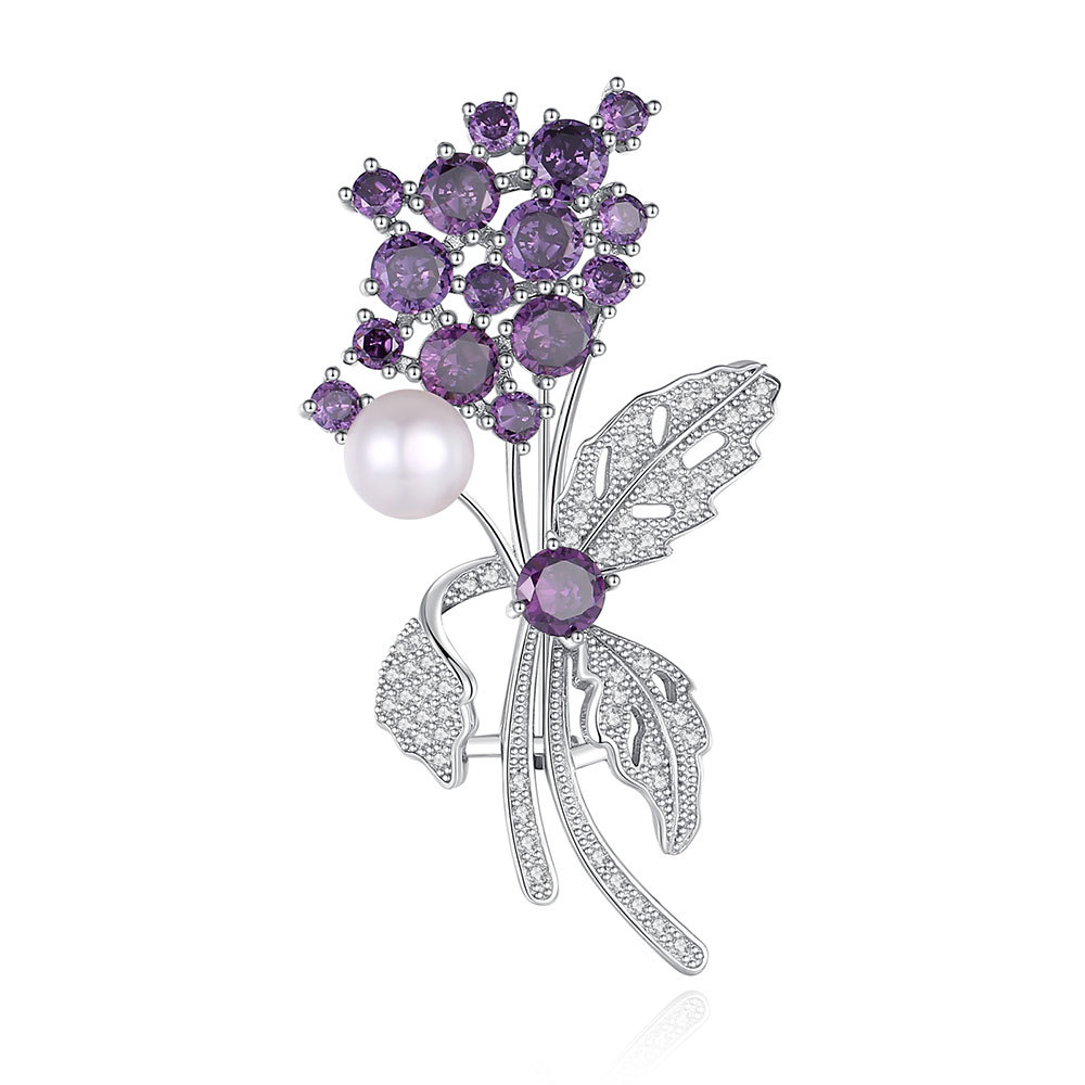 Violet Freshwater Pearl Brooch Wholesale S925 Sterling Silver Flowers Pin Corsage High-End Entry Lux Gifts for Girlfriend