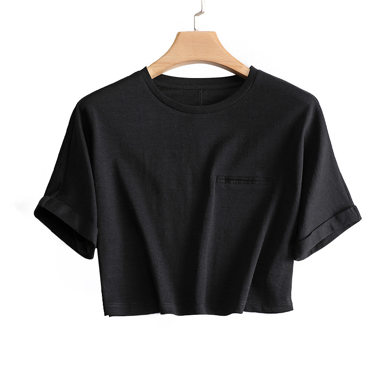 Short High Waist Pocket Navel-Exposed Girl BM Wind-Cool Technology Silky Acetate Mulberry Silk T-shirt Women's Short Sleeve Top