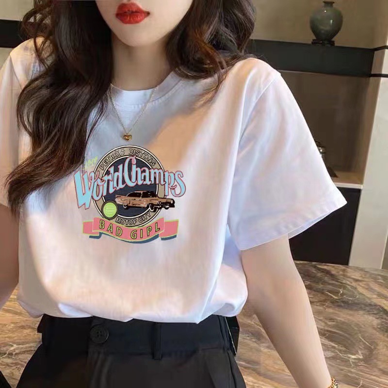 Summer 230G New Shoulder Cotton Large Size Women's Clothing Ins Heavy Cartoon Printed round Neck Loose Short Sleeves T-shirt