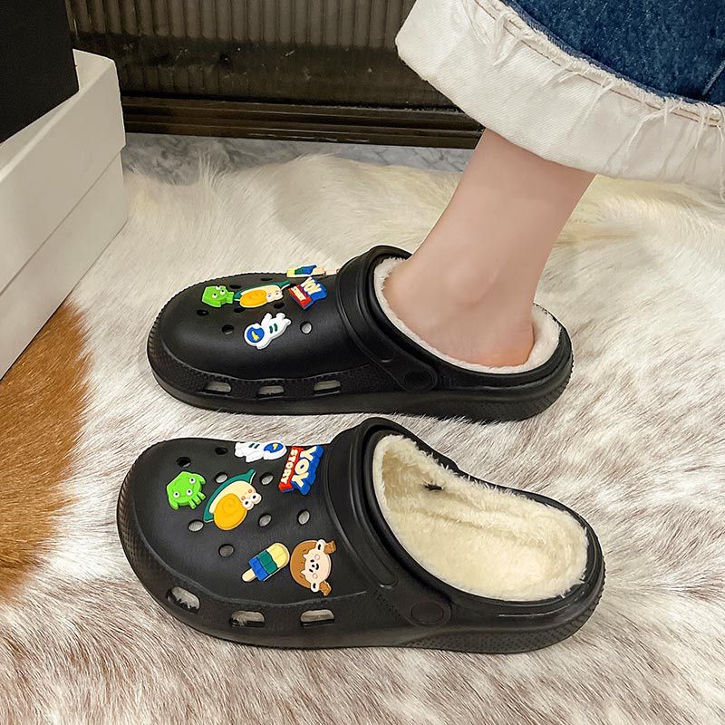 Fleece-lined Hole Shoes Cotton Slippers Women's Autumn and Winter Eva Thick Bottom Poop Feeling Warm Couples Cotton Shoes Confinement Shoes Wholesale