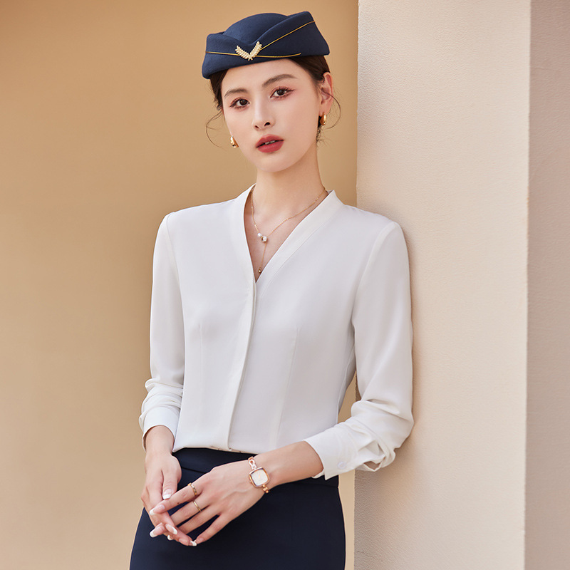 职业装白衬衫女工作服大码气质v领衬衣工装空姐面试正装空乘制服