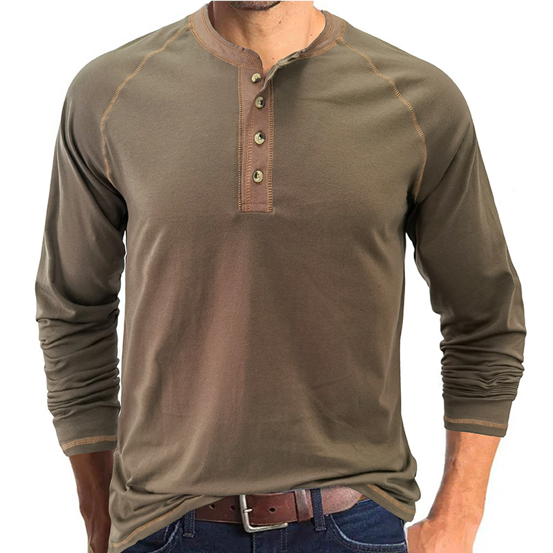 European and American Men's Long Sleeve round Neck T-shirt Foreign Trade Men's Undershirt Men's Autumn Cross-Border Henley Shirt T-shirt Men's Wholesale