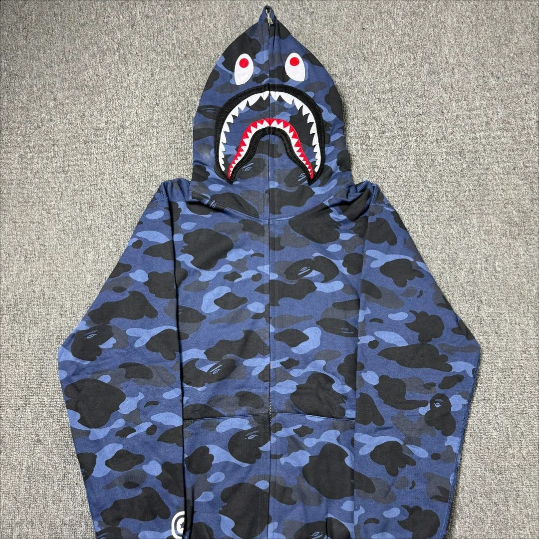 潮牌bape经典迷彩鲨鱼连帽卫衣男秋冬加绒开衫拉链外套男女同款