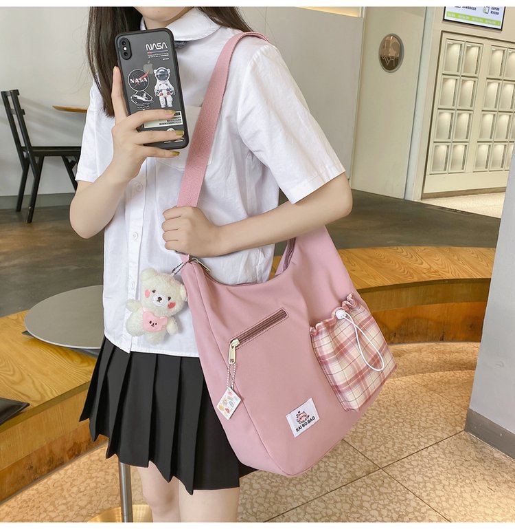 Korean Style Ulzzang College Style Simple Cute Mori Style Artistic Soft Girls Student Drawstring Plaid Crossbody Bag Female