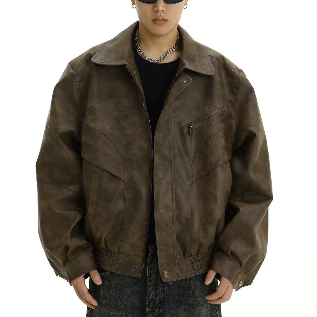 美式时尚翻领棕色做旧皮衣外套男潮牌痞帅复古美拉德棉服夹克情侣