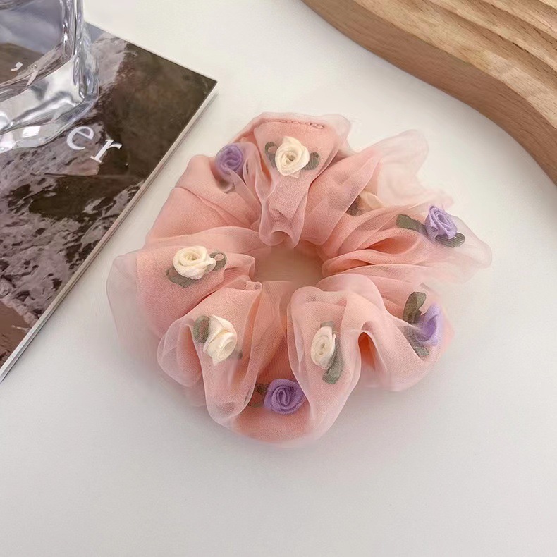 Korean Style Spring Fabric Headband French Romantic Rose Flower Double-Layer Hair Rope Mesh Large Intestine Ring Hair Accessories Hair Ring Women