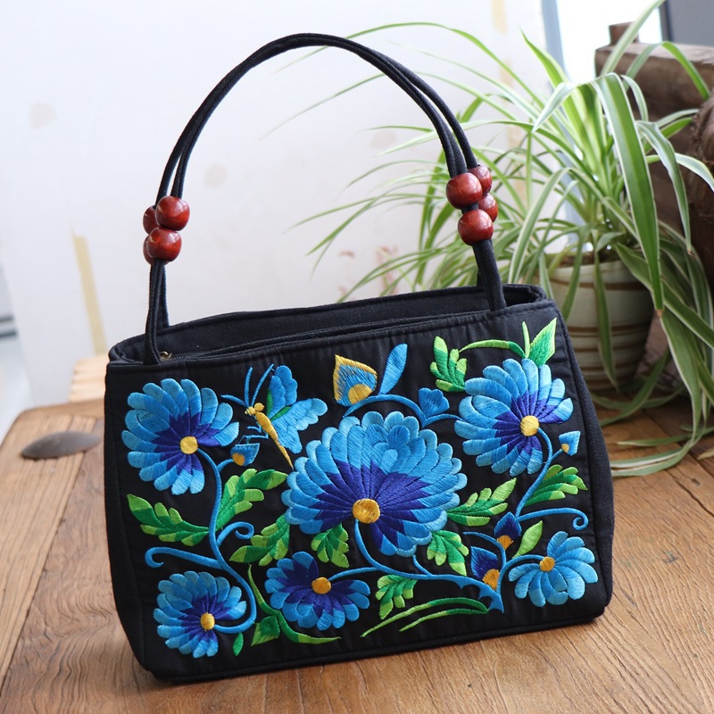 Ethnic Style Bags Double-Sided Flower Embroidery Small Canvas Bag Women's Double Layer Handbag Casual Trend Retro