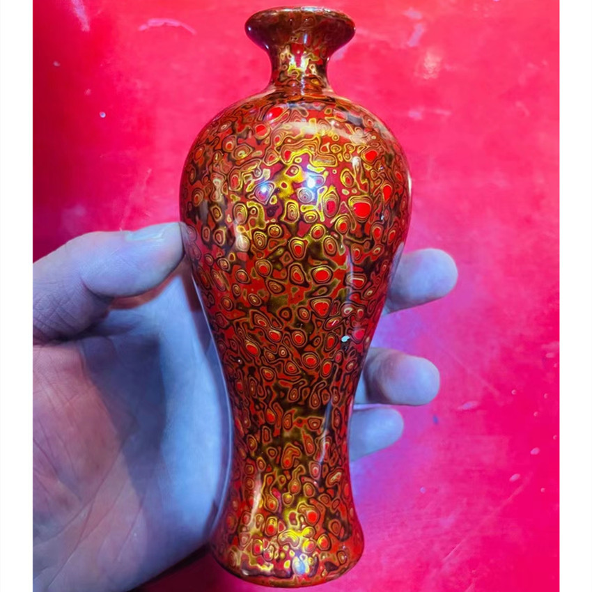 大漆犀皮花瓶插花天水瓶装饰客厅家居摆件陶瓷漆器犀皮金漆工艺品