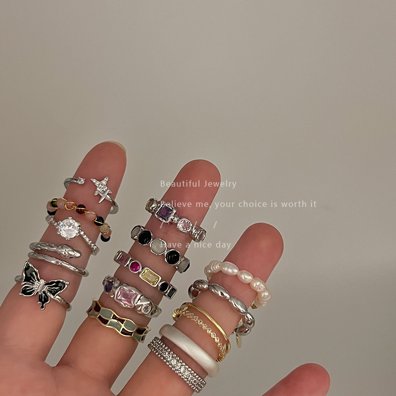 Colorful Zircon Ring Collection ~ High Sense Bling Open Ring Female Special-Interest Design 2024 New Index Finger Ring