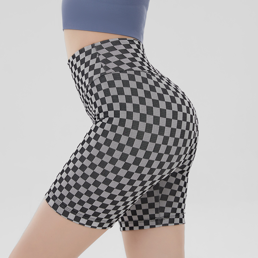 European and American Seamless Knitted Chessboard Houndstooth Yoga Pants Women's Pleated Peach Hip Sports Quick-Drying Tight Shorts