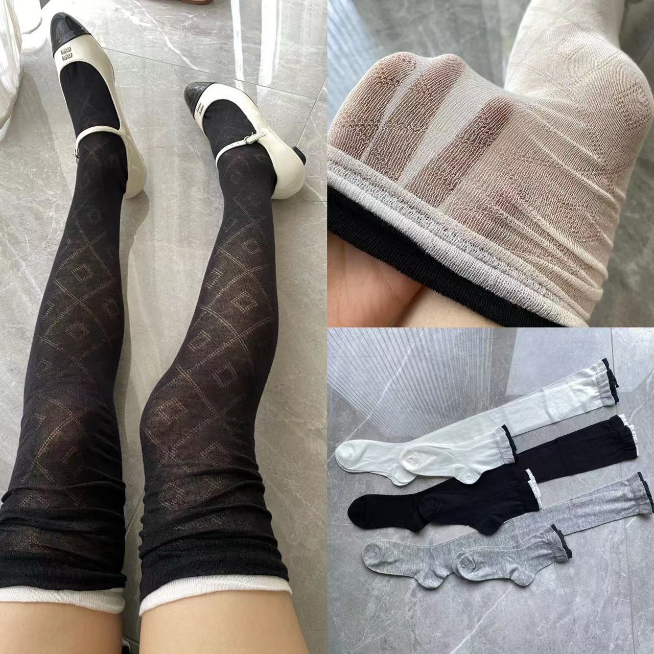 高透肤韩版春夏薄透菱格中高筒长袜过膝大腿袜双罗堆堆短袜-阿里巴巴