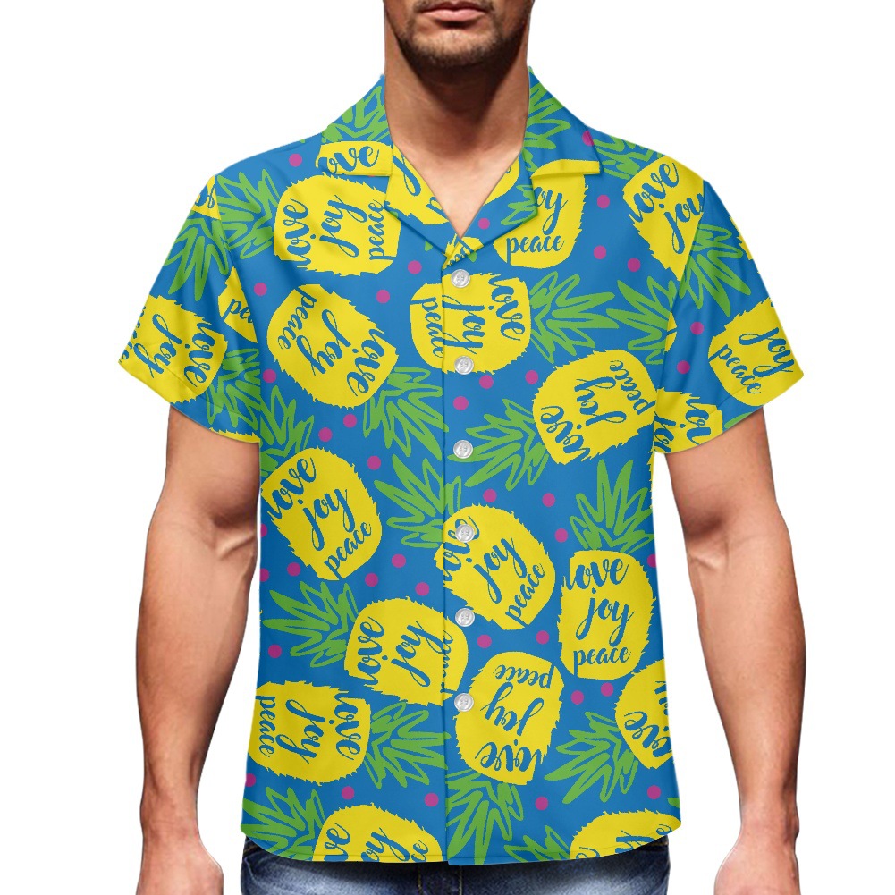 热带水果衬衫男菠萝翻领短袖炫彩服装亚马逊开衫沙滩风pineapple