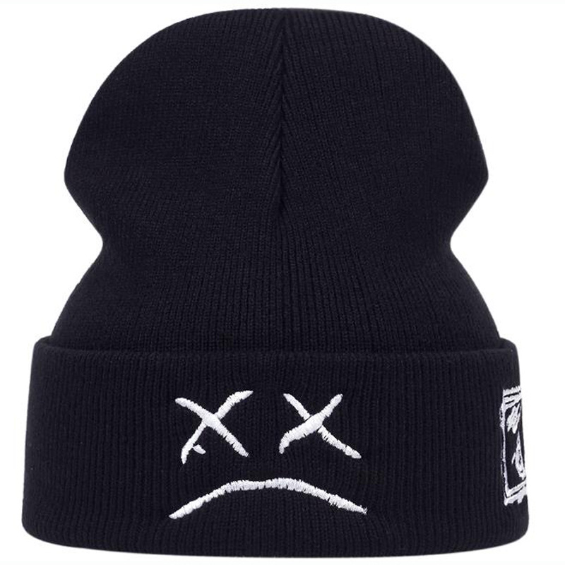 Cross-Border Autumn and Winter Lilpeep Embroidery Knitted Hat Sad Face Expression Xx Crying Face Funny Men and Women Sleeve Cap