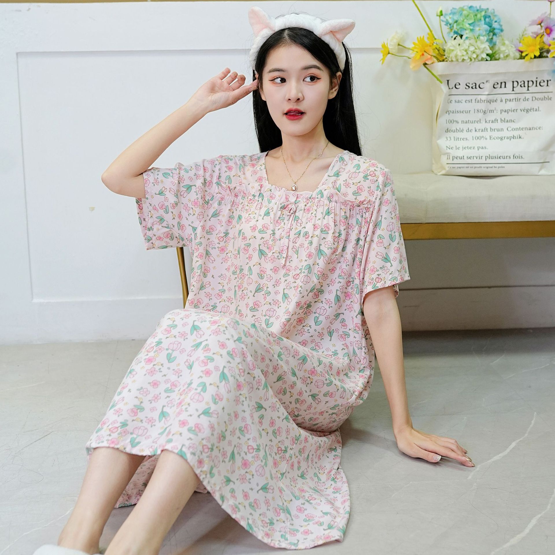 Artificial Cotton Nightdress Women's Summer New Sweet Cute Thin Home Wear Short Sleeve Large Size Can Be Worn outside U-Shaped Collar Dress