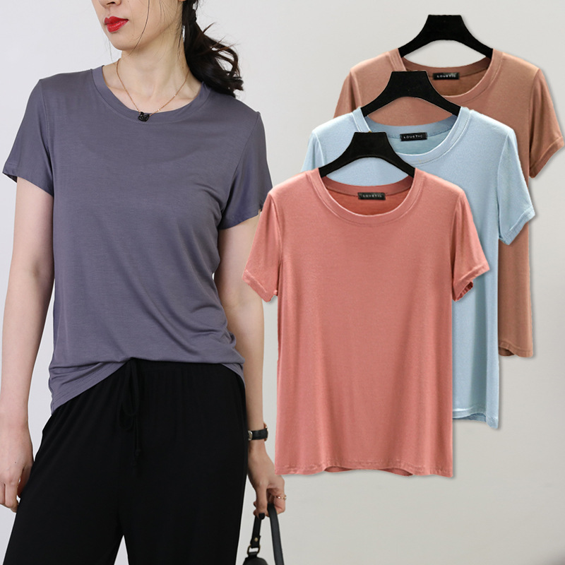 Solid Color round Neck T-shirt for Women Modal Short-Sleeved Inner Bottoming Shirt plus Size Slim-Fit Top Summer Thin Outer Wear T-shirt