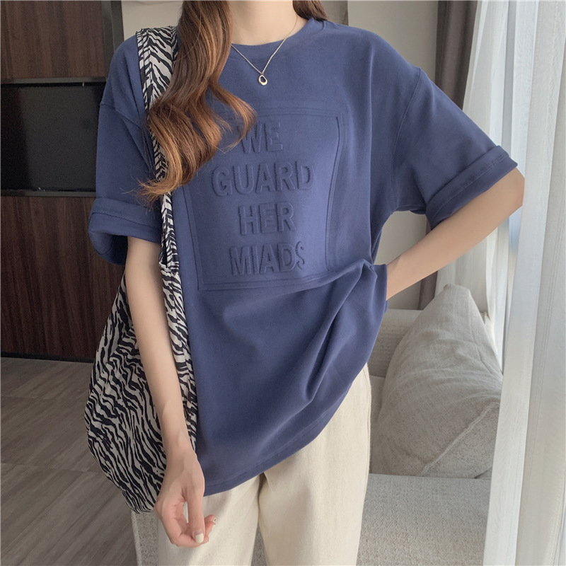 2023 New Summer plus Size Casual Top Women's Korean-Style Half-Sleeved Loose Concave-Convex Letter Underwear Blouse Short-Sleeved T-shirt