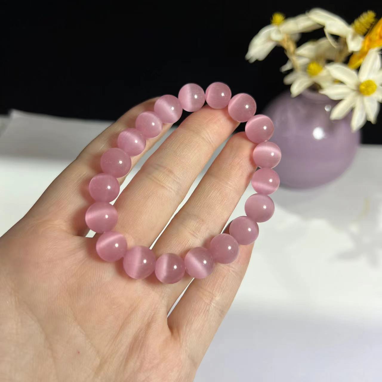 猫眼石手串 猫眼石月亮手链女款ins小轻奢粉色手串 粉色猫眼石