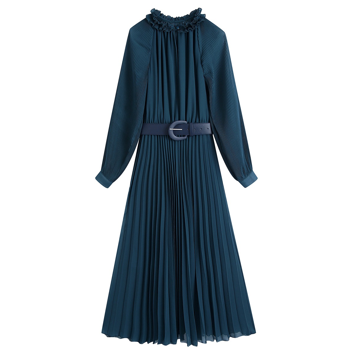 2022欧美风春女装新款长袖配腰带百褶连衣裙 3788