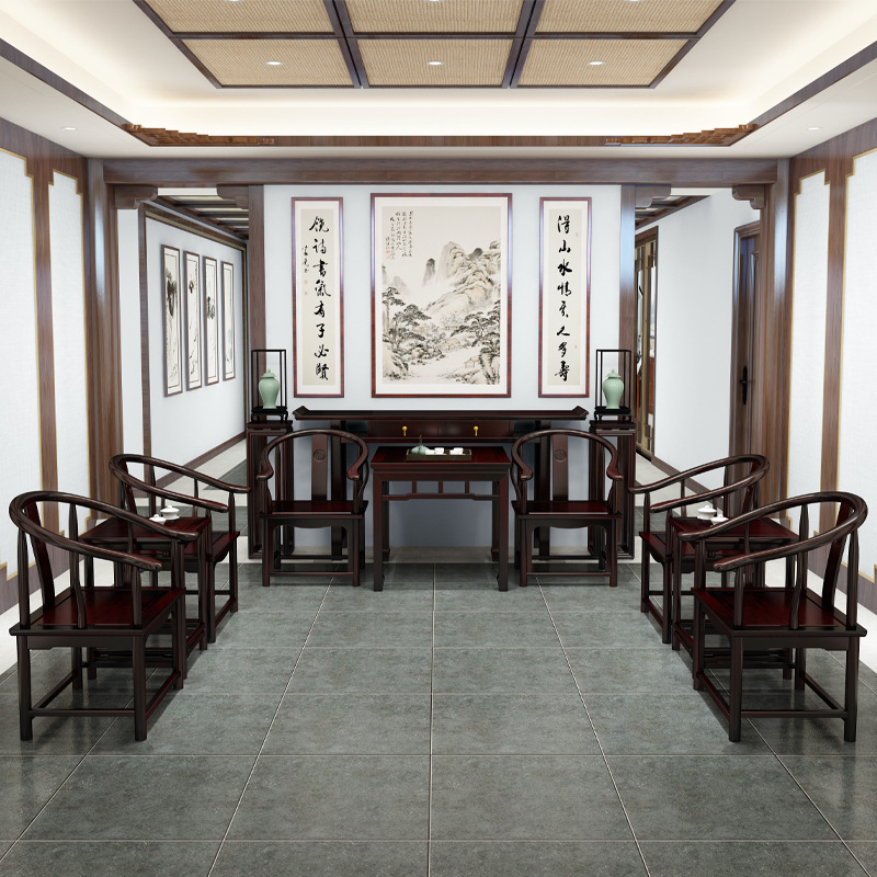 新中式菠萝格中堂六件套实木供桌八仙桌实木翘头条案客厅供台神台