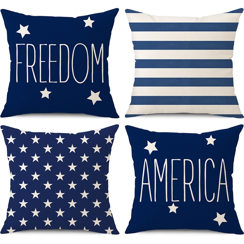 新款蓝白条纹五角星美国元素america印花抱枕套usa自由民主平等